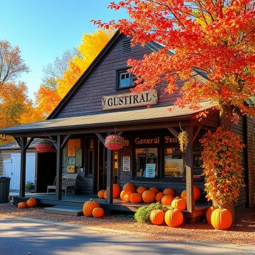 An old-fashioned general store with a pumpkin display