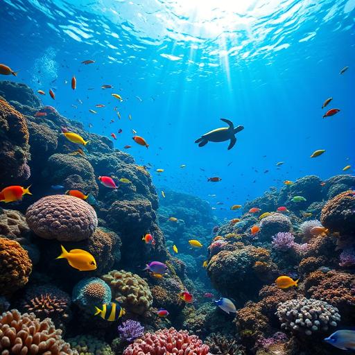 A vibrant coral reef teeming with various species of life