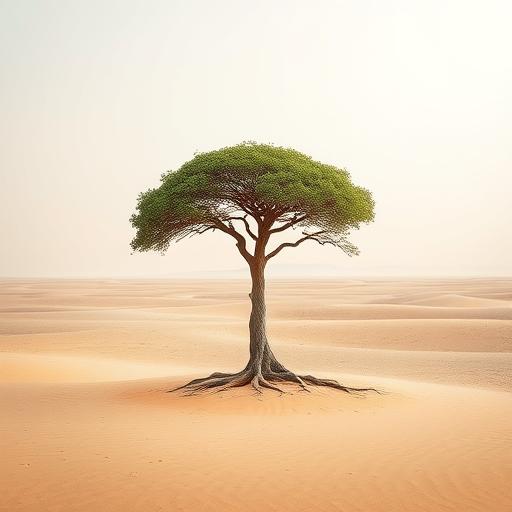 A lone tree standing tall in a barren desert, symbolizing resilience