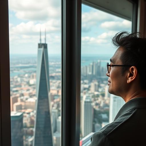 An individual gazing thoughtfully through a window at a modern city skyline, symbolizing dreaming big and envisioning new futures with hope.
