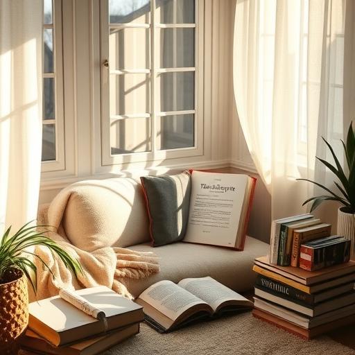 A cozy reading nook bathed in soft morning light with books.