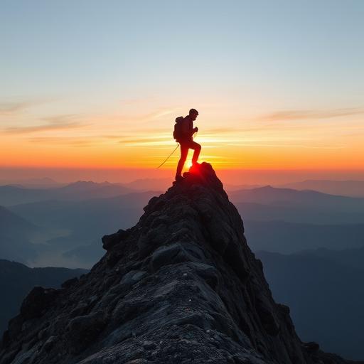 A lone mountain climber reaching the summit symbolizes personal achievement šŖš