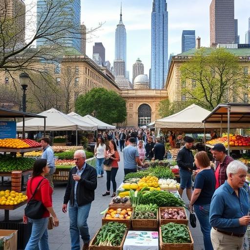 A bustling urban farmer's market representing community and resourcefulness in entrepreneurship.