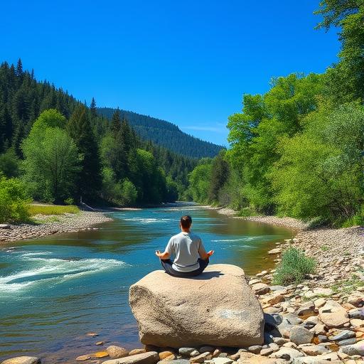 A serene scenic landscape with a person sitting cross-legged, reflecting on priorities.