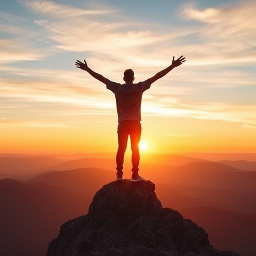 Person standing on a mountain peak embracing possibilities