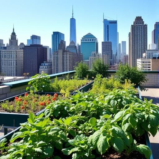 A vibrant rooftop garden in the middle of a bustling city.