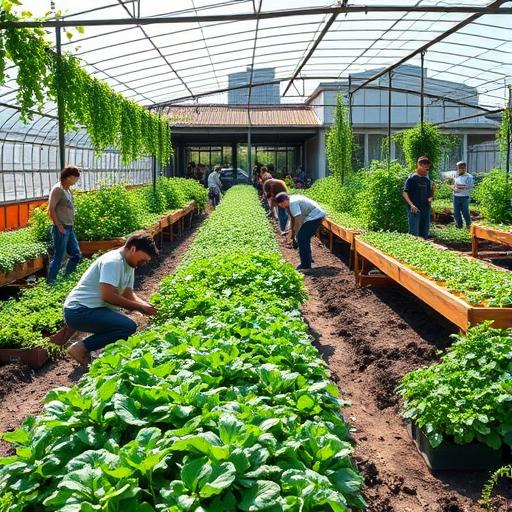 An urban greenhouse filled with lush green plants.