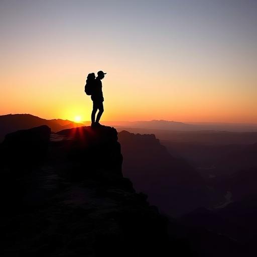 Silhouette of a lone hiker on a cliff at sunrise symbolizing inner strength