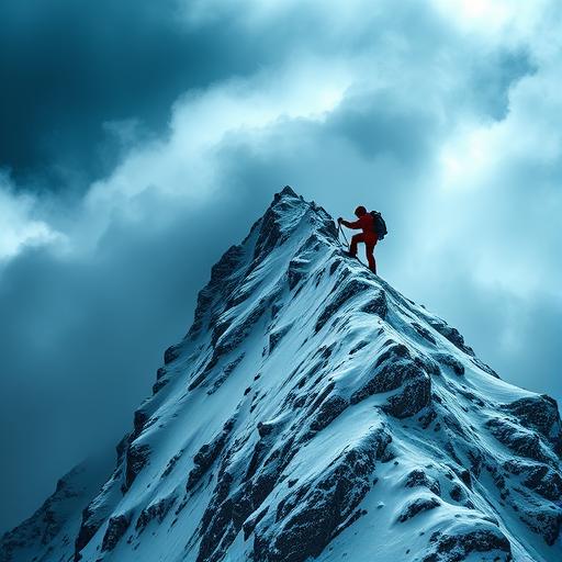 Lone mountain climber ascending a steep icy peak - symbolizing overcoming challenges