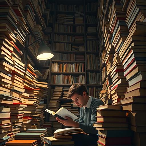 Student in a library surrounded by piles of books, representing dedication to discipline