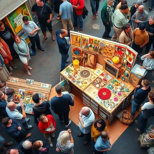 Aerial view of a bustling flea market where artists display their works.