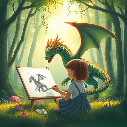 Whimsical scene of a young girl sketching a dragon symbolizing imagination