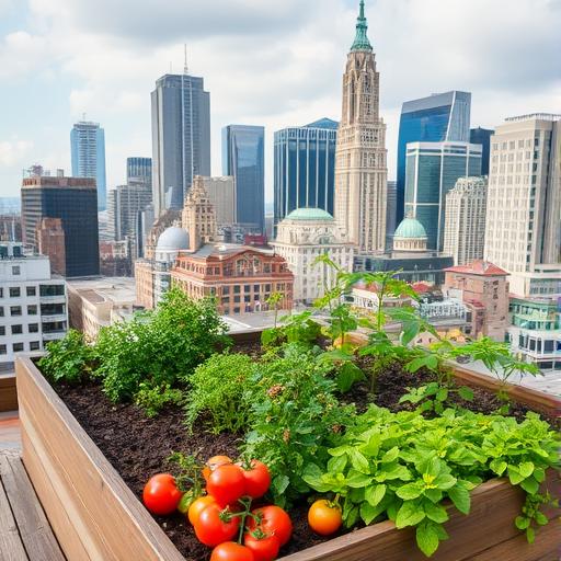 A rooftop garden in a bustling cityscape, symbolizing growth and transformation