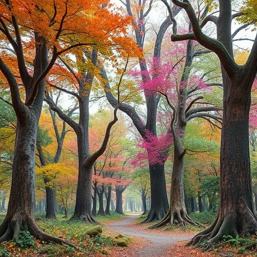 Surreal multicolored forest representing growth journey