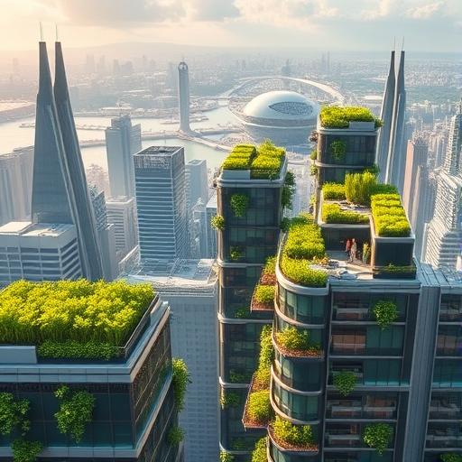 A futuristic cityscape showcasing the digital nomad life