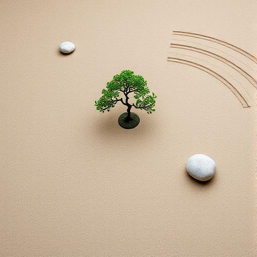 A minimalist zen garden, representing tranquility and emotional well-being through pet ownership.