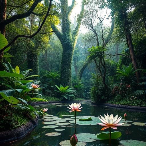 Dense jungle where trees intertwine and wildlife thrives, symbolizing navigating the unknown.