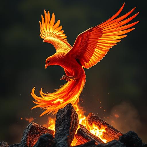 A phoenix rising majestically from the ashes symbolizing rebirth and transformation