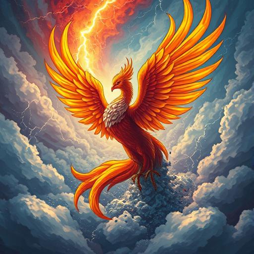 A vivid phoenix rising from ashes representing rebirth and motivation