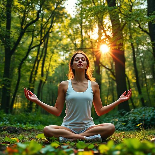 A strong visual of a woman meditating amidst a lush forest.