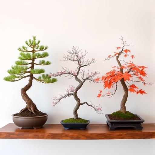 An assortment of bonsai trees representing different styles.