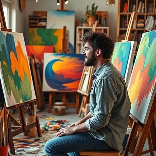 Artist’s studio filled with colorful canvases illustrating creativity and disciplined practice