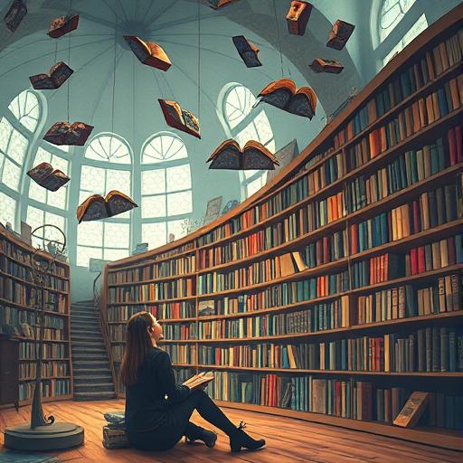 A whimsical library setting where books fly off the shelves