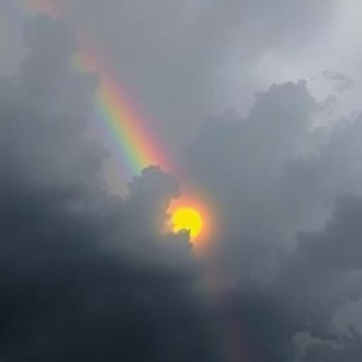 Vibrant rainbow emerging from storm symbolizing inner power