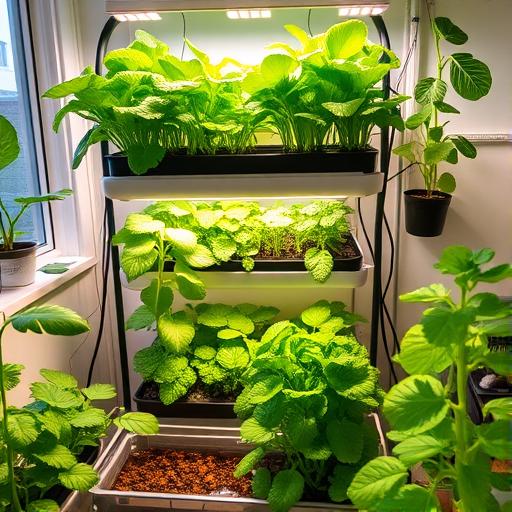 A vibrant home hydroponic garden setup with a variety of plants