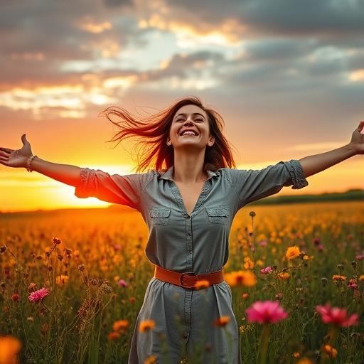 An uplifting scene of a woman with arms outstretched in a beautiful landscape