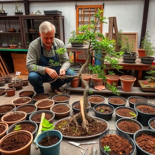A bonsai workshop scene showing a master gardener surrounded by various tools.
