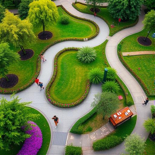 A vibrant aerial view of a city park showing winding paths