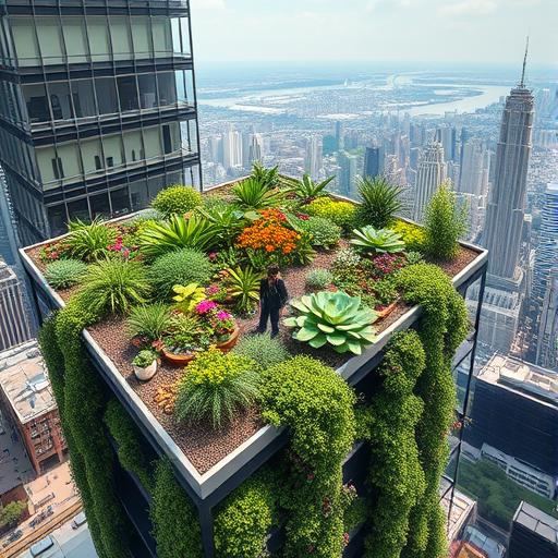 A high-rise building with a lush rooftop garden