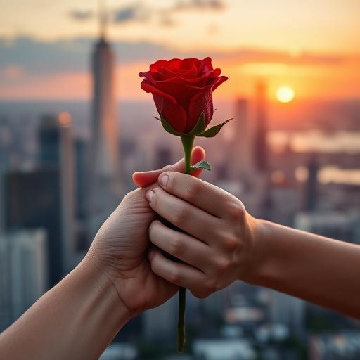 Two hands intertwined, one holding a bright red rose, symbolizing nurturing habits with care and consistency.