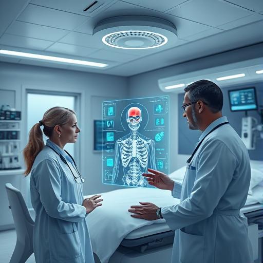 A futuristic hospital room with doctors interacting