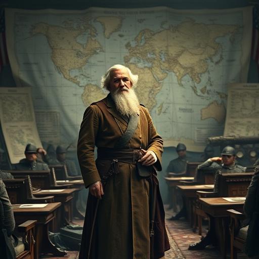 A historical leader standing firm in a battle-torn landscape, symbolizing strength in adversity