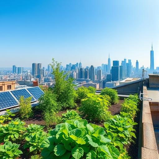 A rooftop garden filled with vibrant green plants