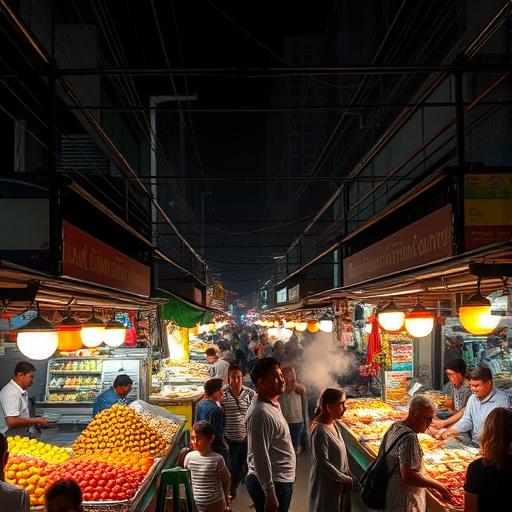 A vibrant night market, symbolizing inspiration and artistic creativity.
