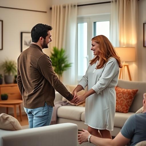 זוג מחזיק ידיים בסלון