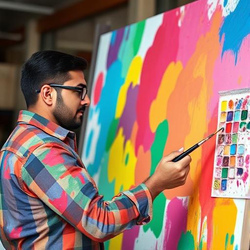 Artist painting a large canvas with vibrant colors representing passion
