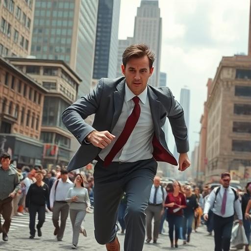 An everyday hero in a business suit rushing toward success, embodying determination and drive.