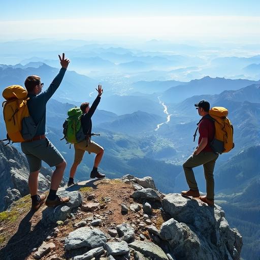 An outdoor adventure scene where a team of hikers reaches a summit, symbolizing achievement through action.