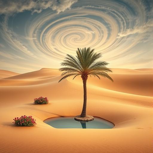 Serene desert oasis with a single palm tree – motivational environment
