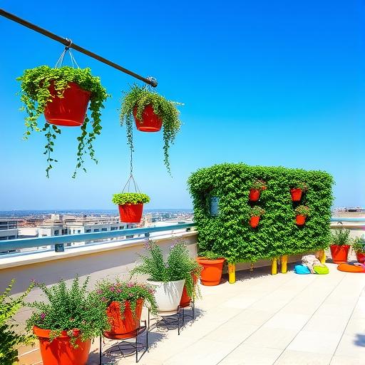 A vibrant rooftop terrace showcasing a beautiful view of the landscape.