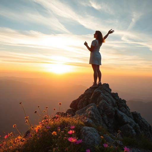 Strong individual standing atop a mountain, symbolizing inner power