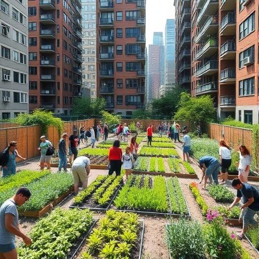 An urban community garden surrounded by tall apartments