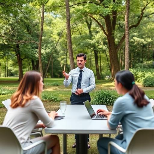 Business leader holding an outdoor meeting, symbolizing leadership and action