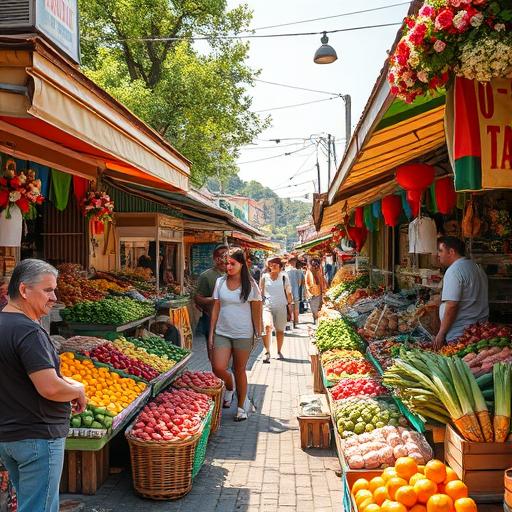 Colorful street market alive with energy, reflecting daily vibrancy