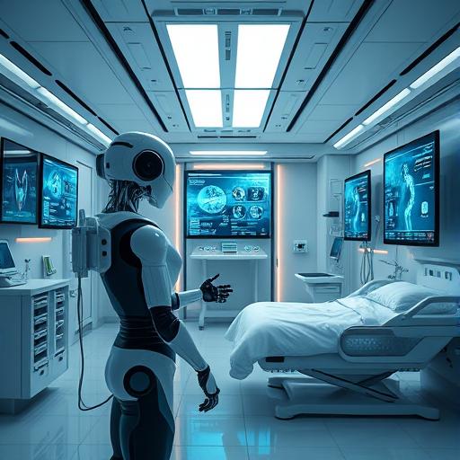 Futuristic hospital room with robotic assistance to symbolize artistic growth.