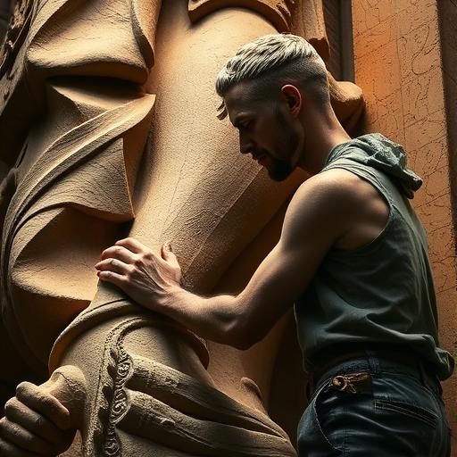 Determined sculptor carving a giant statue representing crafting your vision